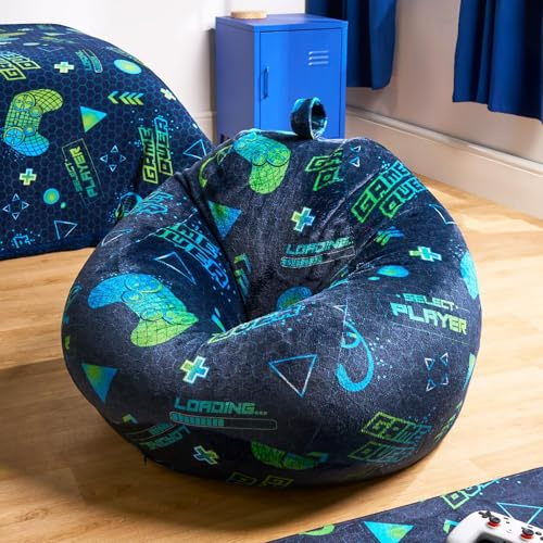 OHS Beanbag Chair Kids, Black Gaming Print Cord Bean Bag with Filling Included Indoor & Outdoor Use Boys Girls Lounge or Gaming Beanbags Chair for Playroom Bedroom