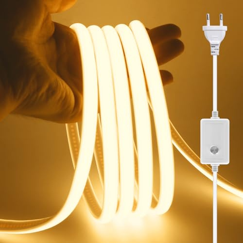 XUNATA Dimmbar COB Neon LED Streifen, 230V 288LEDs/m Superhell Hohe Dichte IP65 Wasserdicht Diffusion Flex COB LED Leiste Lichtband Strip für Hausbeleuchtung Party DIY Deko (Warmweiß, 2M)