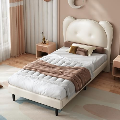 Merax Kinderbett Polsterbett 90x200, Mädchen Einzelbett mit Niedliches Kopfteil in Tierform, Jugendbett Bettgestell mit Lattenrost, PU, Beige (ohne Matratze)