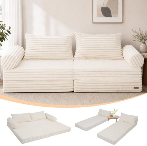 MeMoreCool Futon Schlafsofa, Faltbares Bodensofa mit Kissen, Beige | Bequemes Klappsofa mit Schlaffunktion, Ideal als Gästebett und Lounge Sofa für Wohnungen mit Wenig Platz