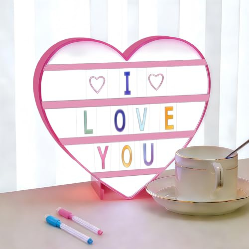 Caja de Luz Corazón con 96 Letras, 2 Rotuladores, Cartel Luminoso LED para Decoracion Habitacion Hogar, Caja de Luz LED para Boda, Aniversario, Cumpleaños, Fiesta de San Valentín, Regalos Mujer