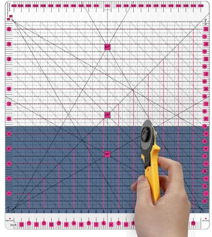 12,5 x 12,5 Zoll großes Quiltlineal mit Schlitz, 45°/60°-Mehrfachwinkel, rutschfesten Griffen und Schneidrillen, Acryl-Nählineal zum Schneiden von Stoffen und für Patchworkarbeiten
