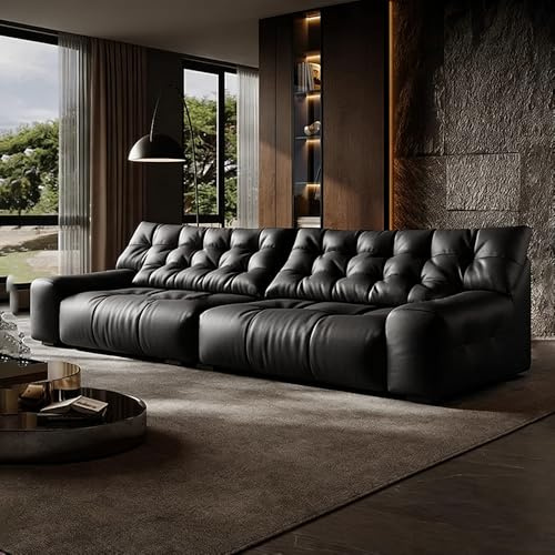 Italiensk lyxig enkel svart lädersoffa, rymlig och mjuk soffa med massiv träram, modern stor storlek, lämplig för vardagsrum/kontor/lägenhet.