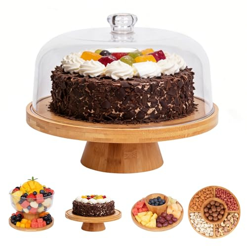 Savorella Bamboo Cake Stand with Lid, 6 in 1 Multi-Function Cake Display Stand, Large Serving Platter, Wood Cake Board with Acrylic Dome Cover for Kitchen/Birthday/Picnic/Party/Charcuterie