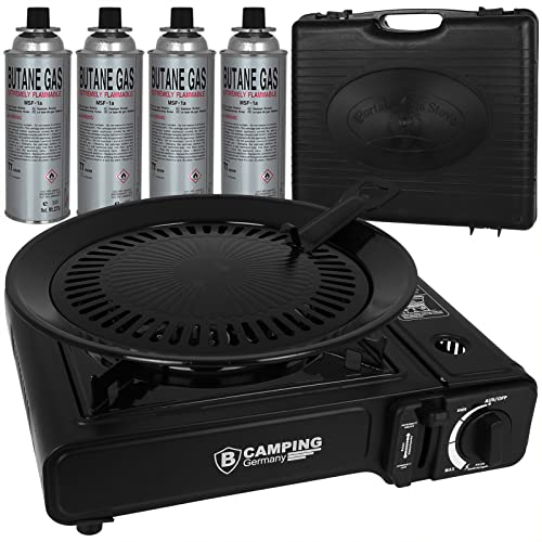 SMH LINE® Réchaud à gaz de camping avec 4x cartouches de gaz 227g, Réchaud de camping 1 flamme, avec mallette, Cuisinière de camping 1 flamme valise Cuisinière Table grill