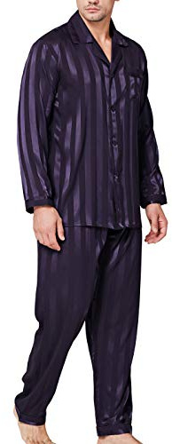Lonxu Conjunto de Pijama de satén de Seda para Hombre, Pijama de Manga Larga, Ropa de Dormir de Dos Piezas, Conjunto de Pijama con Botones, S-XXXXL, Púrpura (Purple Striped), Large