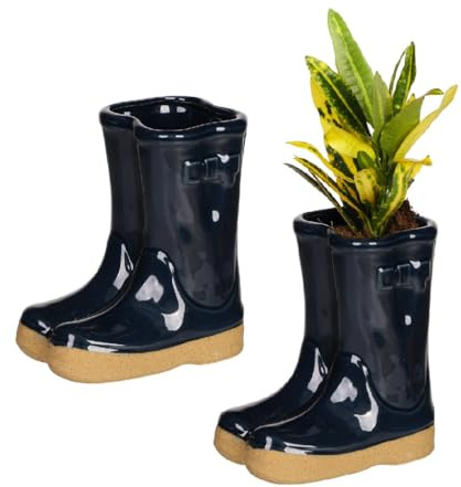 Dibor Set of 2 Ceramic Flower Pot Planters Blue Wellington Boot (CR10) | Ceramic, Wellington Boot Planter, Plant Pot, Flower Pot, Planter, Drainage Hole, Removable Stopper