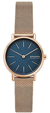 Skagen Signatur Uhr für Damen, Quarzwerk mit Edelstahl- oder Lederarmband, Roségoldton und Blau, 30MM