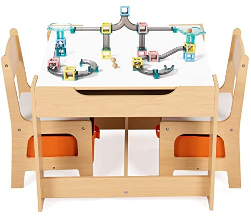 DREAMADE Kindertisch mit 2 Stühlen, 3tlg. Kindersitzgruppe Holz, Kindersitzgarnitur mit Tafel und Stauraum, Kinder Malttisch mit Tafel, Schreibtisch Stuhl Kindermöbel, Kindersitz Set (Natur)