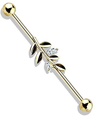 eeddoo® Industrial Piercing-Stab Barbell aus Edelstahl im Natur Design Zweig mit Kristallen