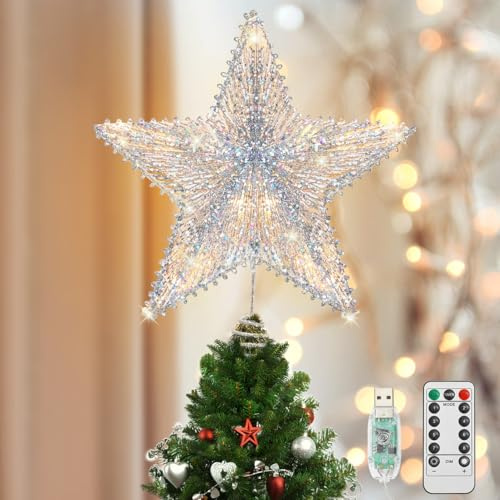 Luxspire Weihnachtsbaumspitze, Glitzern Christbaumspitze mit USB Betrieben, Timer und Fernbedienung Weihnachtsbaumspitze Stern Beleuchtet Weihnachtsdeko, Silber