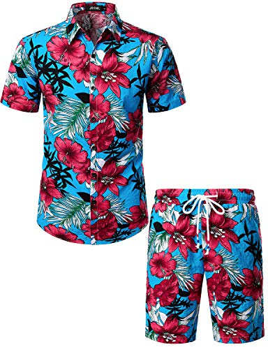 JOGAL - Camicia hawaiana da uomo, casual, motivo floreale, a maniche corte, Celeste., M