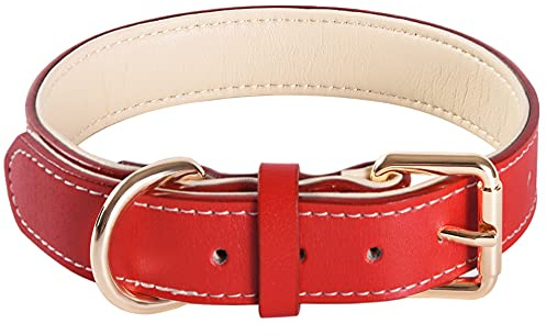 Verstellbarer Echthaustierleder-Hundehalsband mit Polsterung, am besten geeignet für kleine, mittlere und große Hunderrassen (Größe S, Rot)