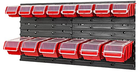 PAFEN Stapelbox Wandregal 772 x 390 mm - Lagersystem 14 Stück Boxen mit Deckel - Lagerregal Sichtlagerkästen Schüttenregal, Rot