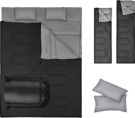 RELAX4LIFE Saco de Dormir Doble con 2 Almohadas y Bolsa de Transporte, Saco de Dormir Multifuncional con Bolsillos Laterales y Diseño Divisible para Adultos y Niños (Negro)