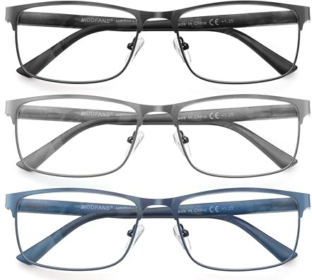 MODFANS 3 Paire de Lunettes de Lecture 2.0 Homme Anti Lumiere Bleue - Monture Rectangle en Metal Acier Inoxydable Lunettes de Vue Lunettes Loupe Noir-Gris-Bleu