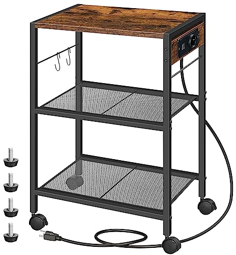 HOOBRO Druckerständer, 3-stufiger Druckerständer mit Ladestation, Lagerregal mit Rollen/verstellbaren Füßen, mit 2 Haken, für das Heimbüro, Vintagebraun und Schwarz EBF22CPS01