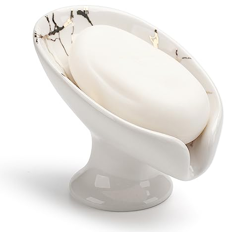 Jabonera Baño, Soporte de Jabón de Cerámica, Soporte de Jabonera Autodrenante, Bandeja de Jabon para Baño, Ducha, Fregadero de Cocina, Blanco