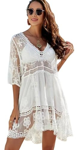 XiYee Vestido de Bikini Casual, Ropa de Playa Encaje Traje de Baño, Vestido de Playa, Blusa de Bikini Cover up, V-Cuello Camisa Suelto de Bikini Mujer, Ropa de Baño Playa Camisola (Blanco)