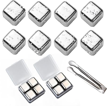 8 Eiswürfel aus Edelstahl mit 1 Eiszange, Eiswürfel aus Metall, wiederverwendbar, geeignet für Whisky, Wodka, Wein, Getränke, Säfte oder Limonade