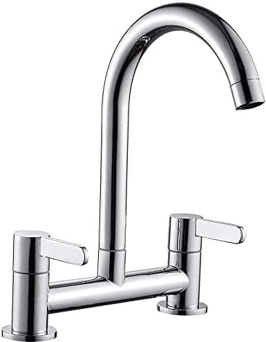 Kitchen Sink Mixer Taps 2 Hole Kitchen Faucet 360° Swivel Spout Dual Lever Chrome Bridge Sink Mixer Tap for Kitchens Deck Mounted Taps 1/4 Turn Faucet Cold and Hot Mixer Taps with UK Standard Fittings