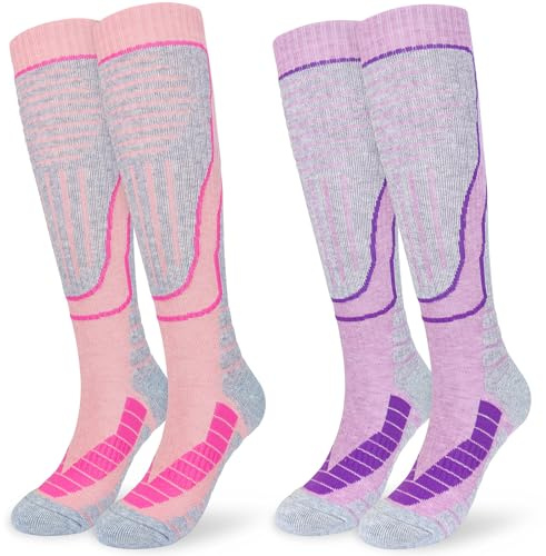 KOOOGEAR 2 Pairs Womens Merino Wool Ski Socks, Knee High Thermal Socks UK 4-7, Winter Thick Warm Sports Wool Socks for Snowboarding Skiing Cycling Hiking