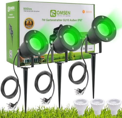 OMSEN Gartenstrahler mit Erdspieß GU10 7W Grün 230V, Robuste IP67 Wasserdicht Gartenleuchte, Austauschbare GU10 Leuchtmittel, Gartenbeleuchtung Grün mit 2,3m Kabel für Garten Hof Rasen Baum, 3er set