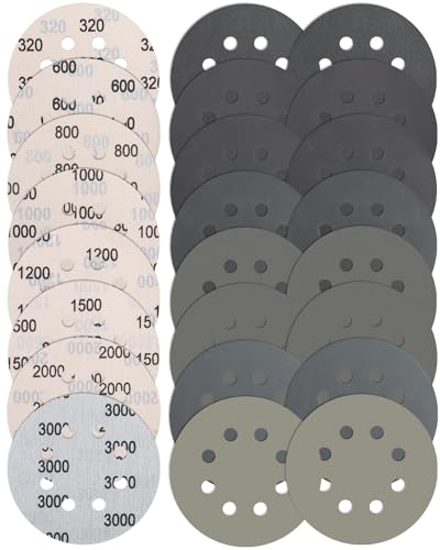 JatilEr 24 pezzi di carta vetrata da 125 mm, 8 fori, dischi abrasivi asciutti bagnati, grana 320/600/800/1000/1200/1500/2000/3000, levigatrice orbitale fine per auto, metallo, legno