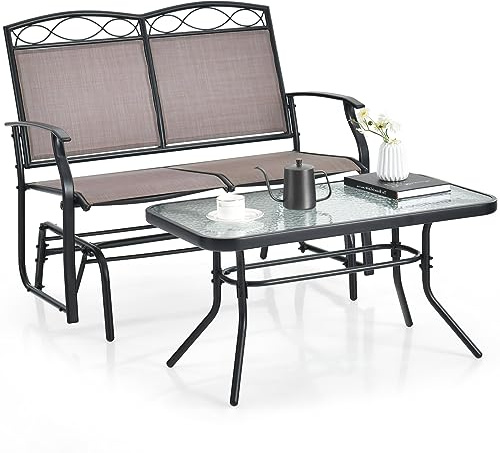 GOPLUS 2 teiliges Gartenbank Set, 2-Sitzer Schaukelbank aus Metall & Textilene mit Glastisch, Sitzbank wetterfest mit Armlehnen & Rückenlehne, Schaukelstuhl für Garten, Balkon, Hof