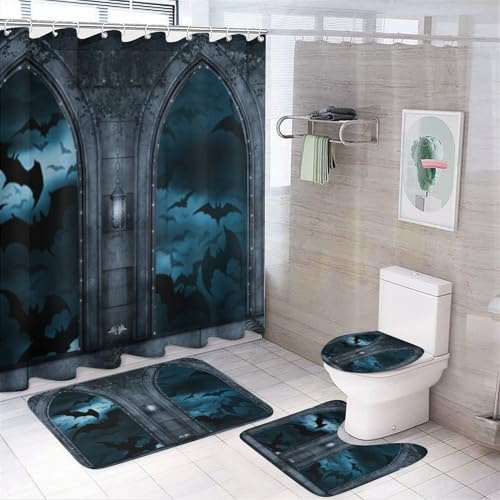 FBMLBRB Brebasf Vintage Gothic Wildlife Bat 4 Pcs Waterproof Shower Curtain Set,Abstract Mid Century Castle Arch Vines Bat with Waterproof Toilet Cover Shower Mat Rugs