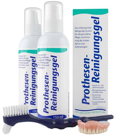 KK Prothesen-Reinigungsgel | 2x 150 ml Dosierflasche | inkl. Reinigungsbürste | Prothesenreiniger für Zahnprothesen, Zahnspange & Aligner - Aufbissschienen