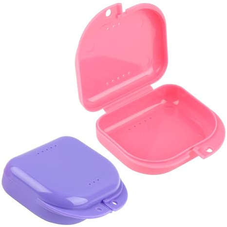 2 Pièces Boite Appareil Dentaire Voyage Portable Gouttiere Dentaire | Etui pour Dentier Orthodontie, Boîte de Protège Dents Rangement Prothèse Dentaire, Rose Violet, Facile à Nettoyer, Petite