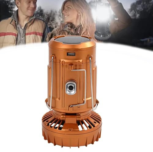 2-in-1 Outdoor Adventure Solar Light and Portable Fan,Solar Camping Lantern with Fan, Folding Lighting Strong Light, Rechargeable,USB Rechargeable LED Lanterns for Camping,Barbecue,Fishing (Gold)