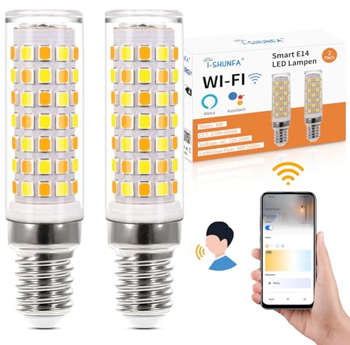 I-SHUNFA Lampadine intelligenti Alexa Wlan E14, lampadine a LED E14 dimmerabili, 6W 500Lm+2700-6500K, controllo app compatibile con Alexa/Google Home, controllo vocale (2er Pack)