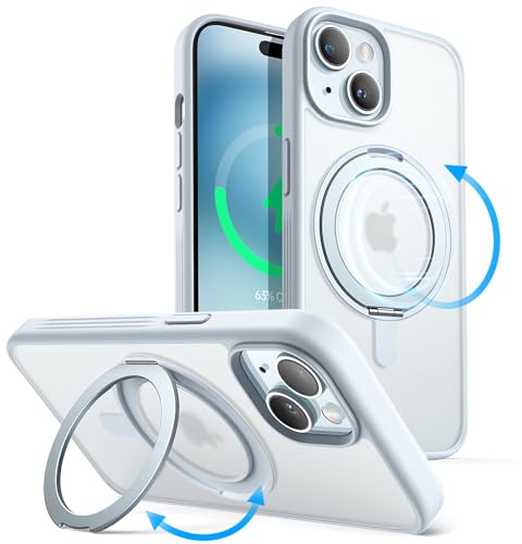 JETech 360° Rotatable Ring Stand Case for iPhone 15, Blue | Compatible with MagSafe, Translucent Matte Back, Stand & Ring Holder, Shockproof Protection