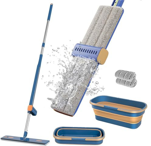 Flat Mop and Buckets Sets,Mops for Cleaning Floors with 2 Microfiber Pads and 138 cm Stainless Steel Handle,Floor Mops with Wringing Function for Cleaning Laminate Tile Marble Hardwood Floors