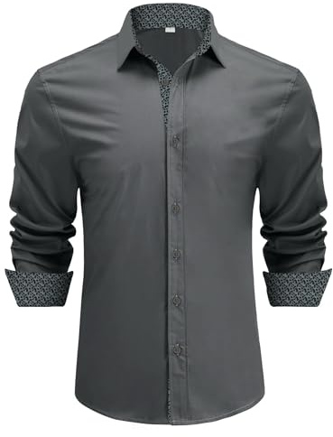 Misfuso Chemise Homme Mariage Manche Longues Chemise Business Formelle Chemise Casual Slim Regular Fit Gris M