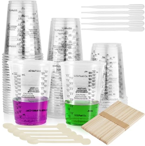 Celepoir 50stück Mischbecher Epoxidharz, 240ml Plastikbecher für Epoxidharz | 8oz Transparent Lackmischbecher, Wiederverwendbar, mit Skala, Rührstäbchen, Lackierbecher, Pipetten, für Mischen Harz Pigment
