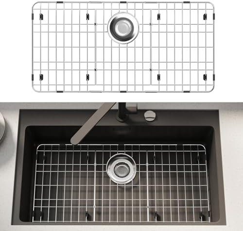 DPZM 28-7/8’’ x 14-3/8’’ Stainless Steel Sink Protector, Sink Protectors for Kitchen Sink, Sink Grid, Sink Grate for Bottom with Rear Drain, Metal Sink Rack for Bottom of Sink with Corner Radius