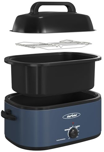 Sunvivi 28 Quart Electric Roaster Oven Turkey Roaster with Lid Electric Roasters with Removable Pan Large Roaster,Visible & Self-basting Lid, Fast Heating & Thaw/warming Setting,Dark Blue