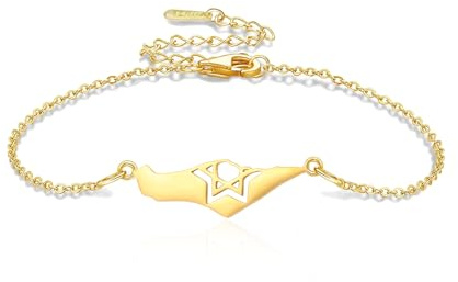 VASSAGO Israel Palästina Karte Armband für Frauen Männer Edelstahl Stern von David Armband einstellbare Israel Palästina Link Armbänder Magen David Jüdischer Schmuck (gold bracelet1)