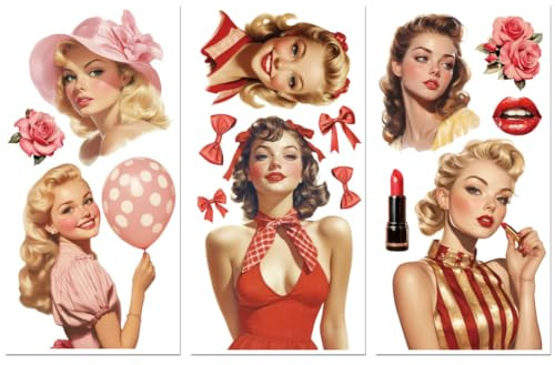 Peacoblue UV DTF Rub-On Transferfolie Möbel-Sticker Vintage Pin-up-Ladies Muster 15x30cm, 3 Stk. Wasserfeste Deko-Transferaufkleber für Möbel Gläser Porzellan Wäscheschränke Kommoden Holz Kunststoff