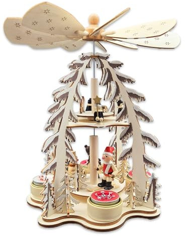 Wichtelstube-Kollektion XL Weihnachtspyramide Skifahrer und Sternensinger, Pyramide für Teelichter Weihnachten Weihnachtsdeko Holz mehrere Ebenen 30cm groß