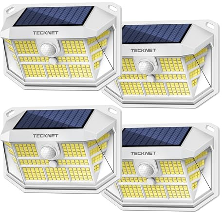 TECKNET 231 LED Solar Motion Lights Outdoor, 300° Angle & 3 Lighting Modes, PIR Motion Sensor & IP65 Security Solar Wall Lights for Fence Front Door Yard Deck Garden Garage(4 Pack)