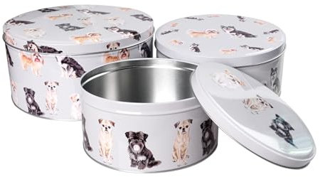 SiXsigma Sports Set of 3 Round Nesting Cake Storage Tins - Airtight Containers for Cakes, Biscuits & Sweets Large, Medium & Small Sizes - Perfect Mothers Day Gifts For Kitchen (Dog Grey)