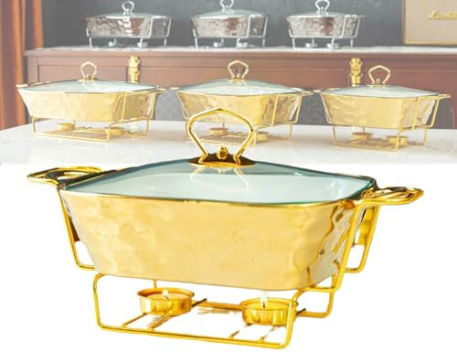 Chafing Dish-Buffet-Set Aus Keramik, Chafing Dish Mit Keramik-Steinmuster-Finish Und Glasdeckel, SpeisenwäRmbehäLter, WäRmetablett, FüR Buffets, Hochzeiten, Partys, Bankette,S