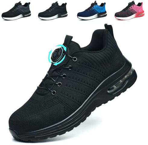 NACKINg Chaussures de Sécurité Hommes Femme Légère Respirante Baskets de Sécurité Antidérapant Chaussures de Travail Embout Acier avec Lacet à Bouton Pivotant, Noir, EU 43