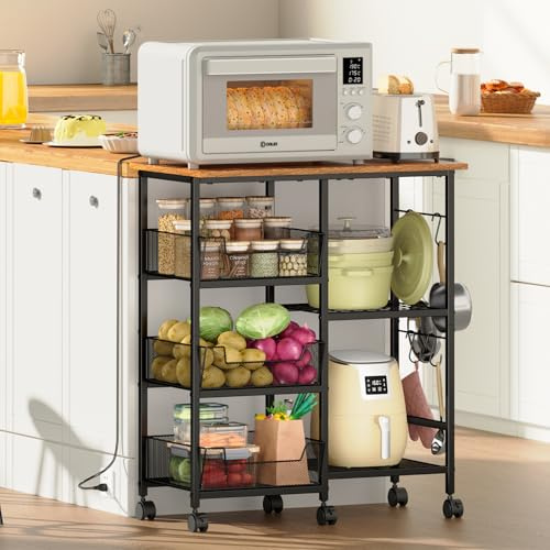 Rolling Kitchen Storage Microwave Cart, Kitchen Island with Adjustable Shelf on Lockable Wheels, Countertop 27.75L × 15.35W, Bakers Rack with Tilt-Out Baskets, for Kitchen, Coffee Bar, Living room