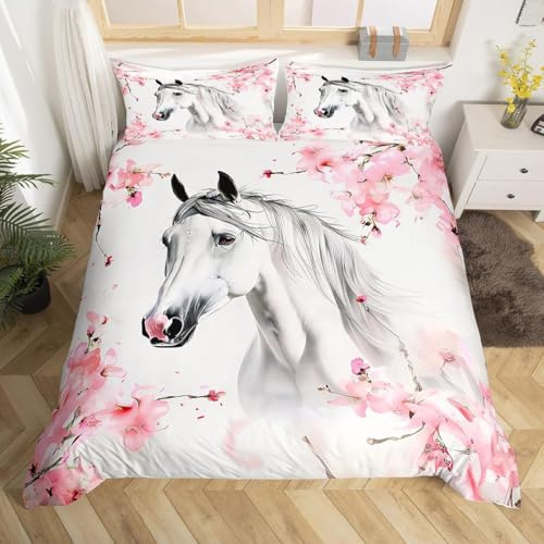 RZPFQB Cheval Blanc Housse de Couette pour Chambre d'enfant 1 Personne 90 x 190 cm Chevaux Parure de Lit en Microfibre pour Enfant GarçOn Fille Ado 3D Wildlife Animal Ensemble