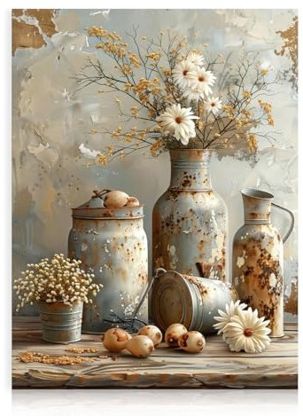 Dazzlewall Daisy Floral Wall Art, Vintage Rustic Botanical Canvas Print for Kitchen Farmhouse Bathroom Decor 12x16 in Unframed